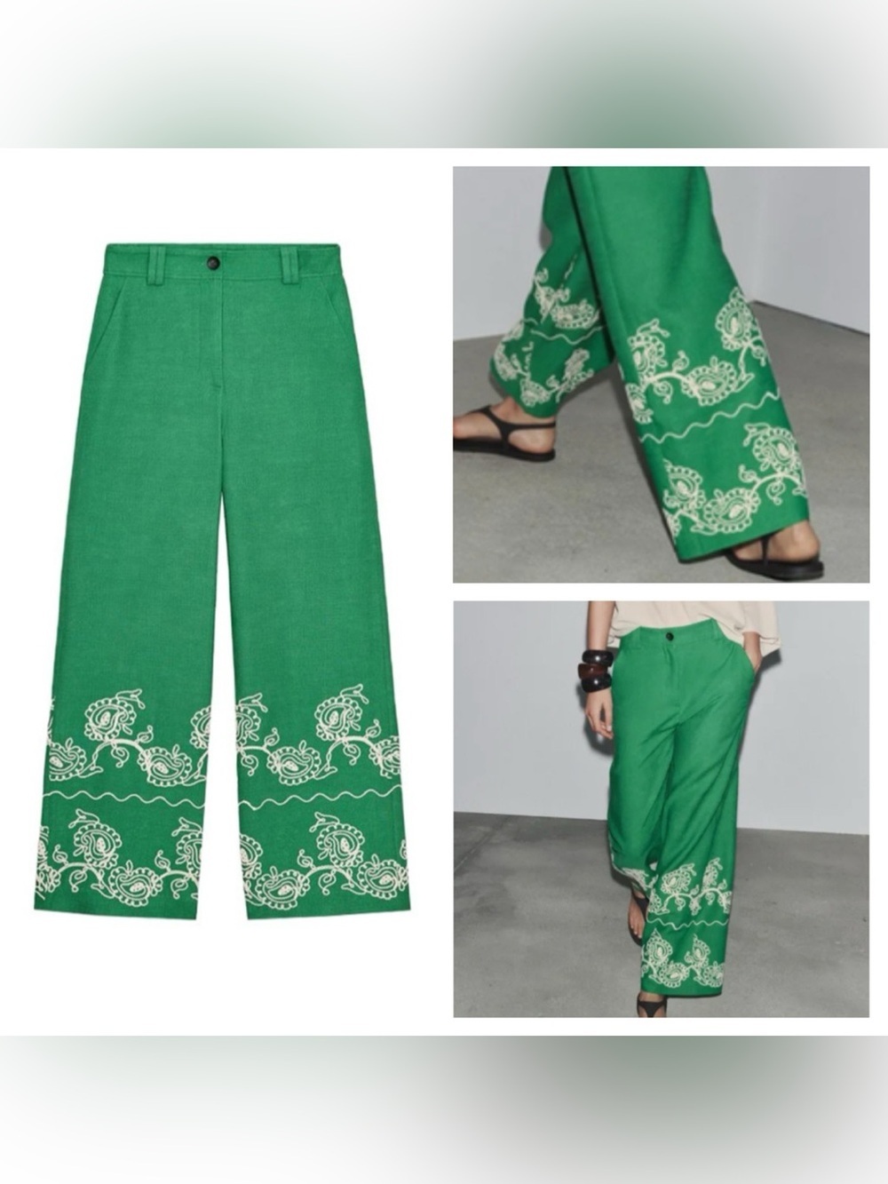ZARA Green Embroidered Wide Leg Linen Blend Trousers Size XS NWOT